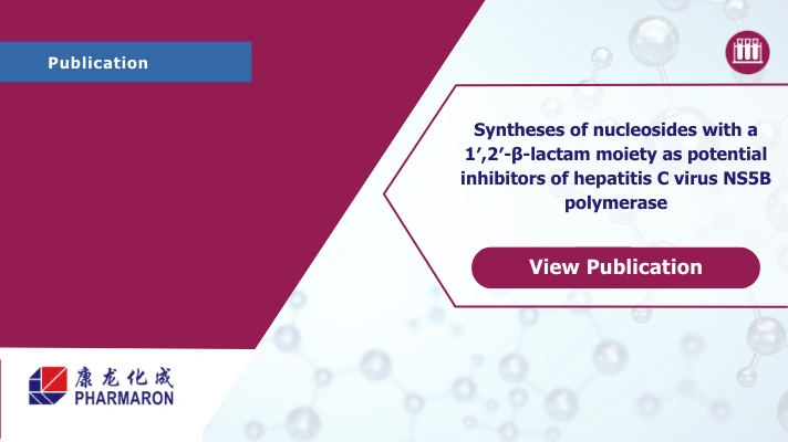 Promotional graphic for the publication ‘Syntheses of nucleosides with a 1′,2′‑β‑lactam moiety as potential inhibitors of hepatitis C virus NS5B polymerase’ shown in a clean layout