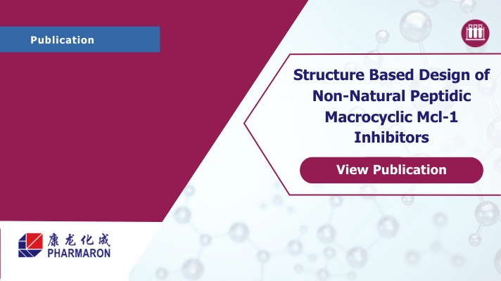 Graphic promoting a publication titled ‘Structure‑based design of non‑natural peptidic macrocyclic Mcl‑1 inhibitors,’ featuring a ‘View Publication’ button and the Pharmaron logo.