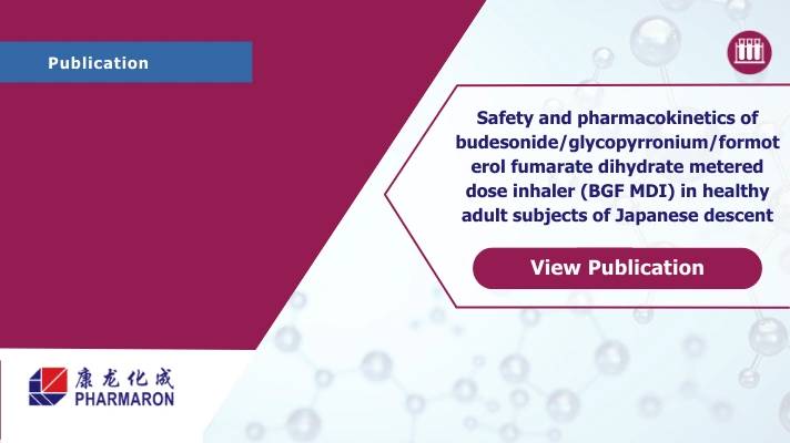 Graphic titled ‘Safety and pharmacokinetics of BGF MDI in healthy adult subjects of Japanese descent’ with a ‘View Publication’ button and the Pharmaron logo