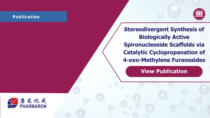 Publication titled ‘Stereodivergent synthesis of biologically active spironucleoside scaffolds’ with a ‘View Publication’ button and the Pharmaron logo.