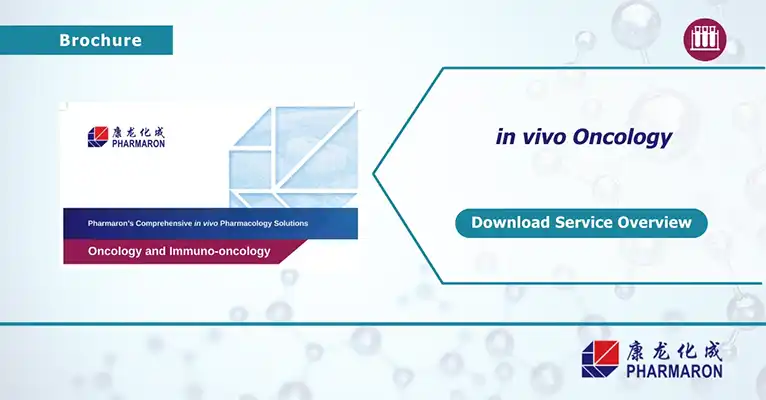 Pharmaron brochure promo for in vivo oncology and immuno-oncology pharmacology using in vivo tumor models, with download button