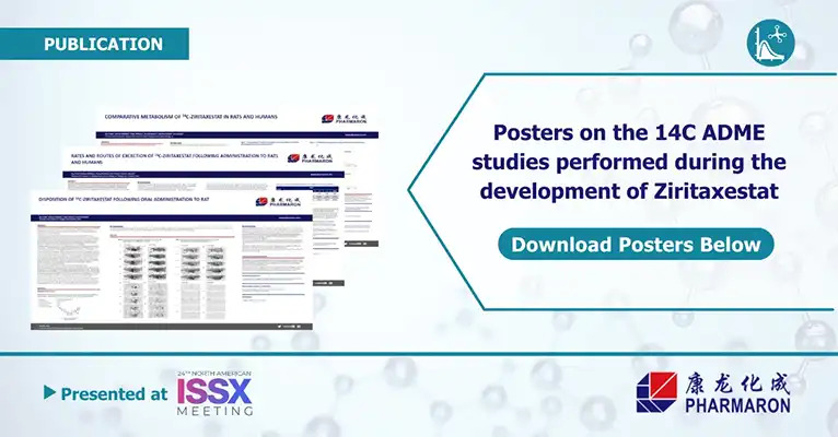 Promotional graphic for Pharmaron about posters on 14C ADME studies for Ziritaxestat, presented at the 29th North American ISSX Meeting. Includes a "Download Posters Below" button and features thumbnails of detailed posters, highlighting insights from preclinical ADME studies.
