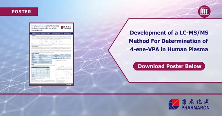 A promotional image featuring a poster on the left side titled "Development of a LC-MS/MS Method for Determination of 4-ene-VPA in Human Plasma," crucial for bioanalytical development. To the right, text reads "Download Poster Below." The bottom of the image displays the PharMaron logo and branding.