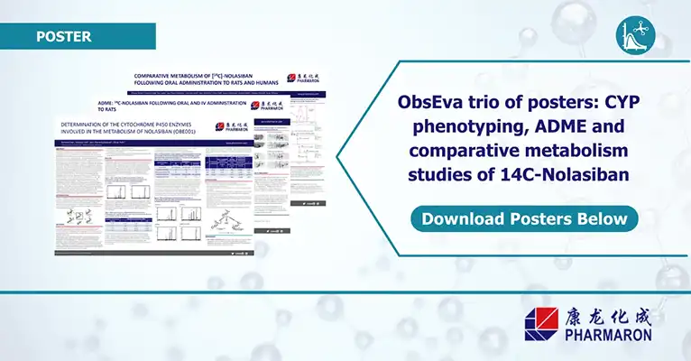 An advertisement features three scientific posters by ObsEva on CYP phenotyping, Radiolabelled ADME studies, and comparative metabolism of 14C-Nolasiban. There is a "Download Posters Below" button. The image includes Pharmaron and ObsEva logos.