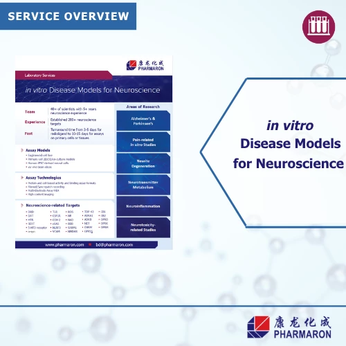 Service overview flyer highlighting in vitro disease models for neuroscience, including assay models, technologies, and research areas like Alzheimer's and pain.