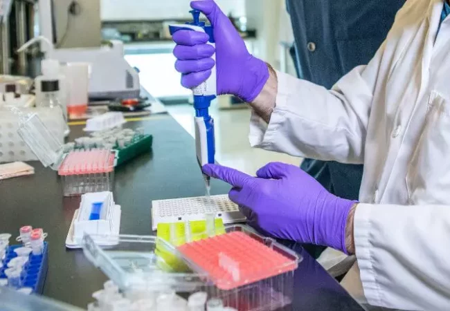 A scientist in gloves uses a pipette to transfer liquid into a well plate, conducting metabolite identification stability analysis in a busy lab setting.