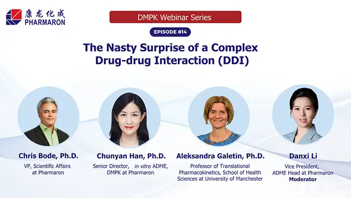 Pharmaron DMPK Webinar Series Episode 14 cover slide on complex drug-drug interactions (DDI) with four expert speakers