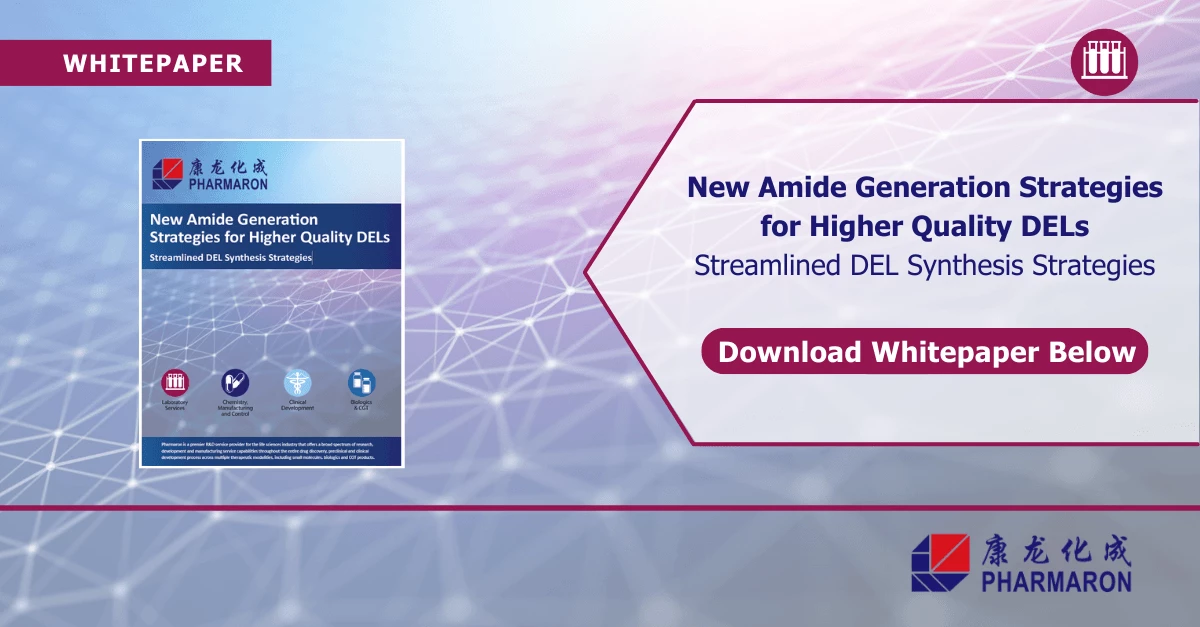 An image promoting a whitepaper by Pharmaron titled "New Amide Generation Strategies for Higher Quality DELs." It features a call-to-action button saying "Download Whitepaper Below." The background has a blue gradient with a geometric pattern, emphasizing advances in Preclinical ADME studies.