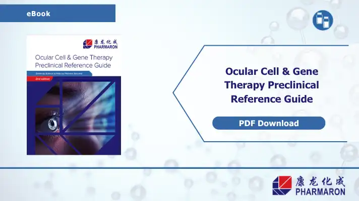 eBook cover promoting a preclinical ocular gene therapy reference guide with emphasis on ocular toxicology, featuring an abstract eye graphic.