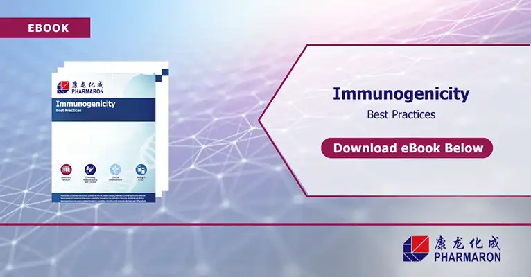 Promotional image for an eBook titled "Immunogenicity: Best Practices" by Pharmaron. The image features the eBook cover on the left and a download button on the right, with the company's logo and hexagonal graphic elements in the background, highlighting insights into bioanalytical development.
