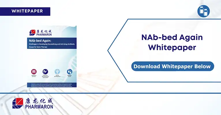 Promotional image for a whitepaper titled “NAb-bed Again: Challenges in Developing Neutralizing Anti-Drug Antibody Assays for Gene Therapy” by Pharmaron. Download now to explore critical insights on bioanalytical development, set against a backdrop of a DNA helix with the Pharmaron logo prominently displayed.