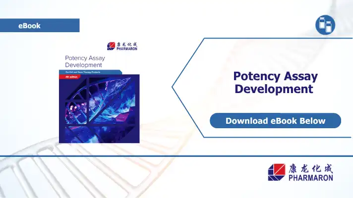 Promotional image for Pharmaron's "Potency Assay Guide" ebook. Left section shows the ebook cover, with icons for safety, integrity, and results. Right section has "Potency Assay" text with a "Download eBook Below" button, overlaid on a DNA strand background that hints at bioanalytical development.