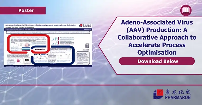 A promotional image for a poster titled "Adeno-Associated Virus (AAV) Production: A Collaborative Approach to Accelerate Process Optimisation." The image highlights bioanalytical development with text, graphics, and a "Download Below" button. The Pharmaron logo is at the bottom.