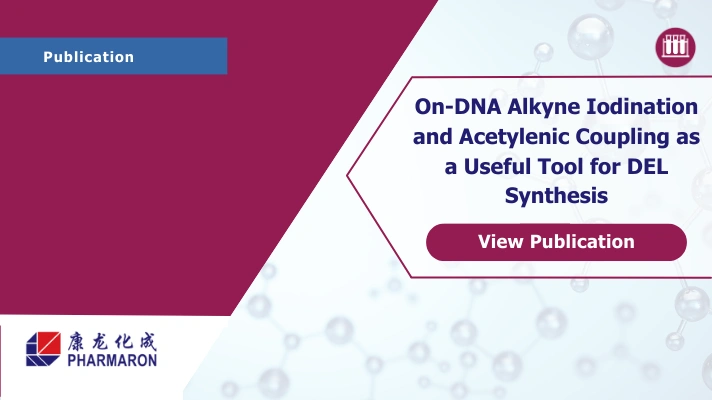 Graphic titled ‘On‑DNA Alkyne Iodination and Acetylenic Coupling as a Useful Tool for DEL Synthesis,’ featuring a ‘View Publication’ button and the Pharmaron logo