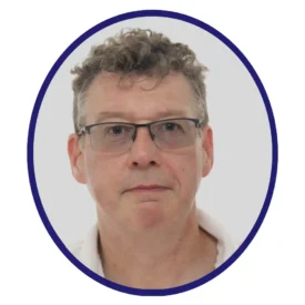 Biopharma professional in a white collared shirt and glasses, oval-framed headshot with navy border on grey background