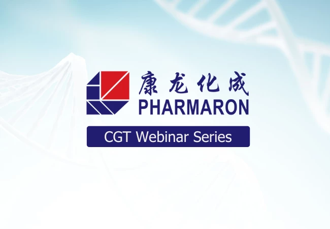 The image has a white background featuring the logo and name of "Pharmaron" in both English and Chinese characters, with the text "CGT Webinar Series" in a navy blue box below it. The background includes translucent circular designs, hinting at their expertise in genetic toxicology.