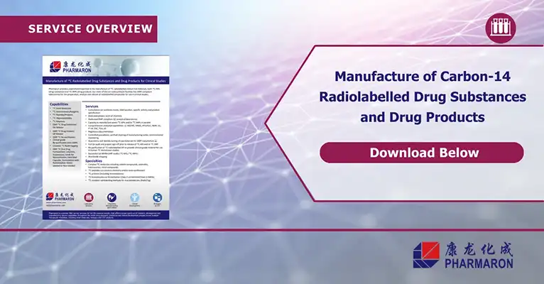 A promotional image featuring detailed information on the manufacture of Carbon-14 radiolabelled drug substances and drug products by Pharmaron, emphasizing their expertise in Radiolabelled ADME. The image includes a "Service Overview" banner, a downloadable document link, and the company's logo.