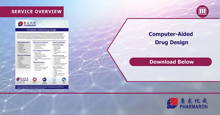 Promotional banner for Pharmaron's Computer-Aided Drug Design (CADD) services, highlighting therapeutic areas, molecular simulations, and hit evaluation with a download option.