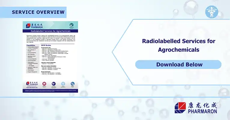 Promotional image for Pharmaron radiolabelled services for agrochemicals. It includes a service overview section with a download prompt on the right. The text reads "Radiolabelled ADME Services for Agrochemicals. Download Below." The background features faint molecular structures.