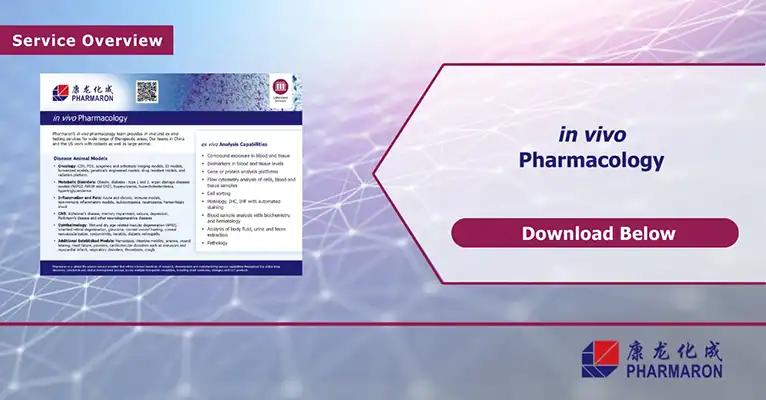Promotional banner for Pharmaron's in vivo pharmacology services, highlighting disease models and ex vivo analysis capabilities with a download option.