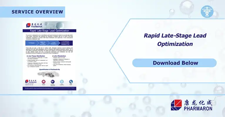 A banner with blue and white text features Pharmaron's Rapid Late-Stage Lead Optimization service, highlighting benefits like enhanced tissue distribution and metabolization. A brief overview on the left includes genetic toxicology insights, while a "Download Below" button is on the right.