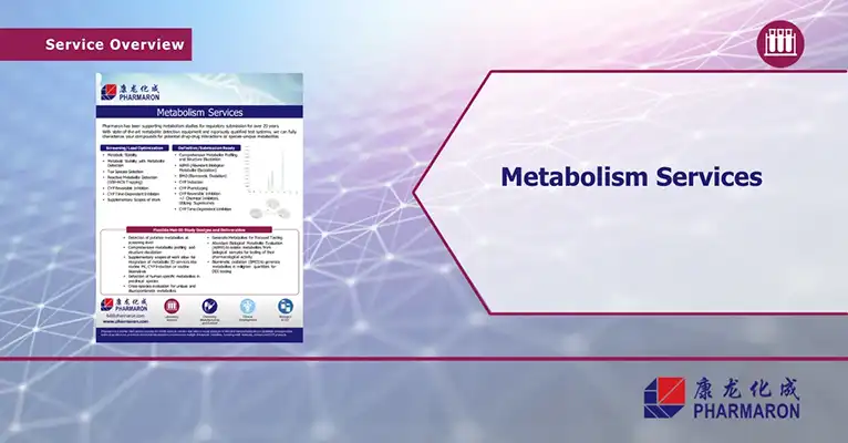 An informational graphic from Pharmaron titled "Service Overview" with a focus on Metabolism Services and Preclinical ADME Studies. The graphic includes a detailed list of offered services and scientific illustrations. The polished layout features a branded footer and Pharmaron's logo in the bottom right.