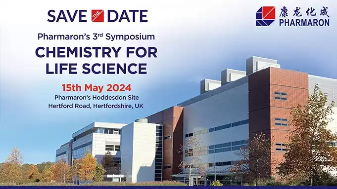 A promotional image for Pharmaron's 3rd Symposium titled "Chemistry for Life Science," happening on 15th May 2024 at Pharmaron's Hoddesdon site in Hertfordshire, UK. The image showcases the Pharmaron logo, symposium details, a modern building with autumn trees, and highlights topics like genetic toxicology.