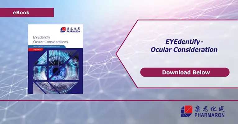 Pharmaron eBook cover for "EYEdentify: Ocular Considerations," 3rd edition, featuring a digital eye graphic. Call-to-action button says "Download Below."