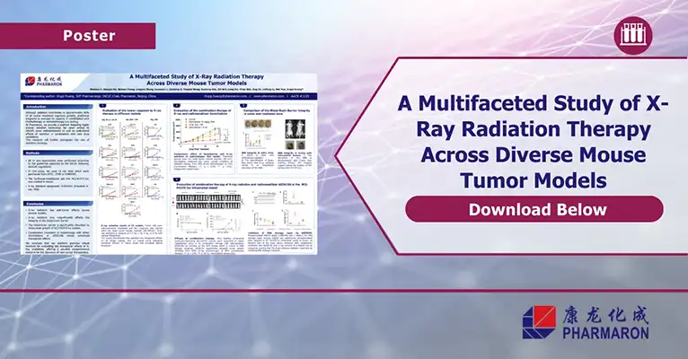 An informational poster showcasing a study on X-ray radiation therapy across mouse tumor models, integrating aspects of genetic toxicology. The background has an abstract geometric pattern. The text reads "A Multifaceted Study of X-Ray Radiation Therapy Across Diverse Mouse Tumor Models" with a "Download Below" button.