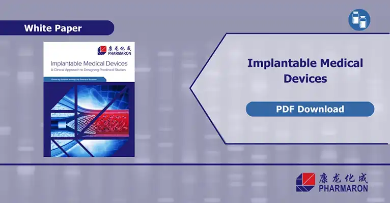 A promotional image for an eBook by Pharmaron titled "Implantable Medical Devices: A Clinical Approach to Designing Preclinical Studies." The cover features medical icons and highlights a download link. Various logos, pharmaceutical symbols, and references to absolute bioavailability are also displayed.