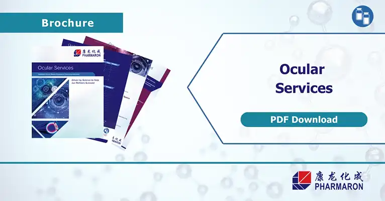 Pharmaron brochure showcasing ocular testing services with scientific imagery, digital eye graphics, and a PDF download prompt.