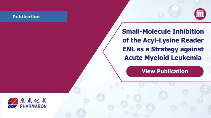 Graphic showing a Pharmaron publication titled ‘Small‑Molecule Inhibition of the Acyl‑Lysine Reader ENL as a Strategy against Acute Myeloid Leukemia’ with a View Publication button