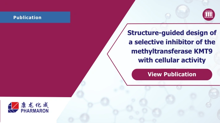 Graphic titled ‘Structure‑guided design of a selective inhibitor of the methyltransferase KMT9 with cellular activity,’ with a ‘View Publication’ button and the Pharmaron logo