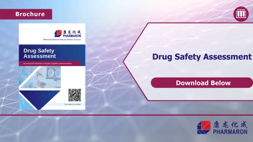 An advertisement for Pharmaron's Safety Assessment services, featuring a brochure cover and a "Download Below" button. Highlighting preclinical ADME studies, the background showcases geometric patterns with the company logo prominently in the top left and bottom right corners alongside the text "Pharmaron.