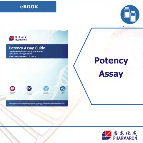 Promotional image for Pharmaron's "Potency Assay Guide" ebook. Left section shows the ebook cover, with icons for safety, integrity, and results. Right section has "Potency Assay" text with a "Download eBook Below" button, overlaid on a DNA strand background that hints at bioanalytical development.