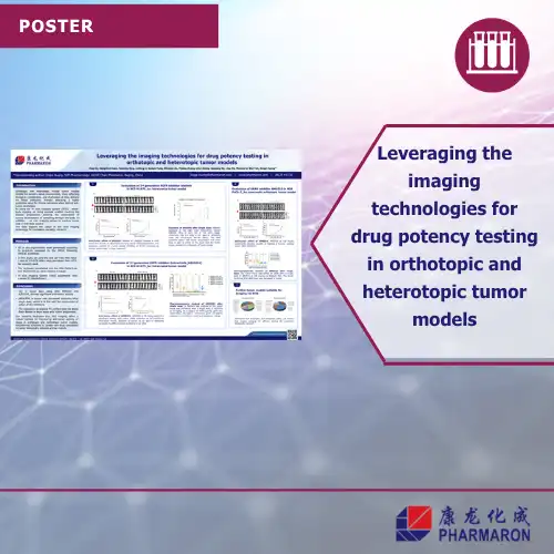 A promotional poster displays scientific information on leveraging imaging technologies for drug potency testing in orthotopic and heterotopic tumor models. It includes text, graphs, and images related to Preclinical ADME studies. A "Download Below" button is visible, along with Pharmaron's logo.