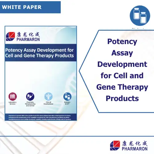 An image depicting a whitepaper advertisement for Pharmaron titled "Potency Assay Development for Cell and Gene Therapy Products." It includes a thumbnail of the whitepaper cover, an RNA/DNA strand background, and a "Download Whitepaper Below" button with the Pharmaron logo. The paper also touches on genetic toxicology insights.