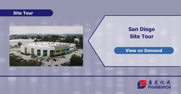 Aerial view of Pharmaron's San Diego CRO facility with a "View on Demand" site tour promotion, featuring a modern design and company branding.