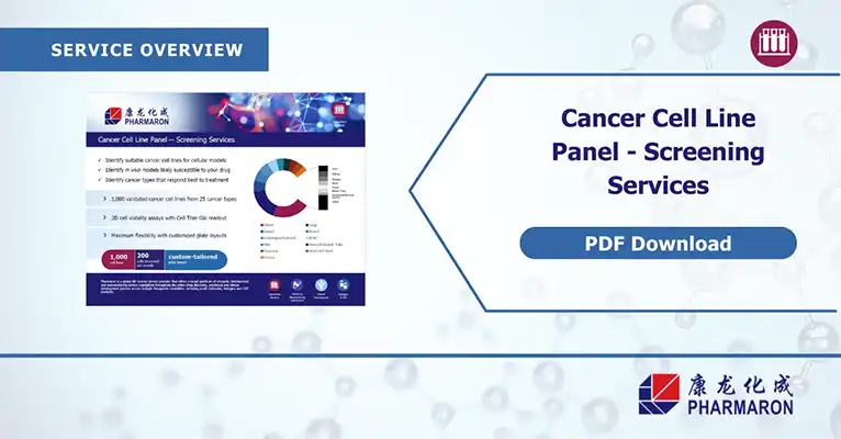 Cancer cell panel screening services overview, featuring customizable plate layouts, validated cancer cell panel options, and PDF download from Pharmaron's cell panel screening service.