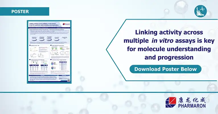 Conference poster by Pharmaron discussing the importance of linking activity across multiple in vitro assay services for molecule understanding and progression.