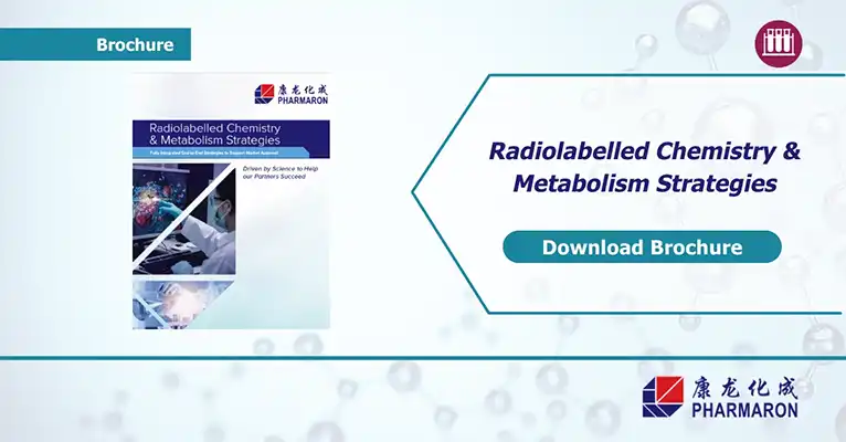 Brochure cover for Pharmaron's radiolabelled chemistry and metabolism strategies, with a download option for insights on end-to-end market approval support.