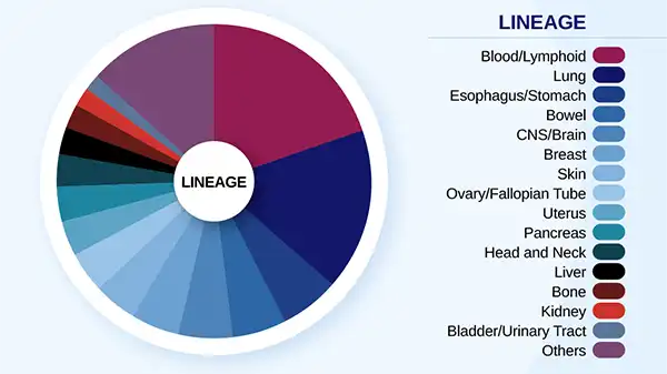 Donut chart of cell line lineage by tissue type, with blood/lymphoid and lung the largest segments of sixteen listed