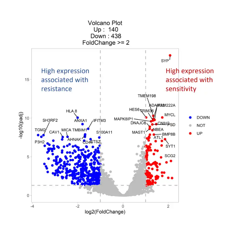 Biomarker profiling volcano plot of gene expression differences between responding and non-responding tumor cell lines