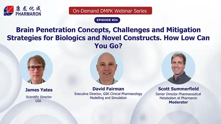 Episode 24 webinar slide featuring James Yates, David Fairman, and Scott Summerfield discussing brain penetration concepts for biologics.