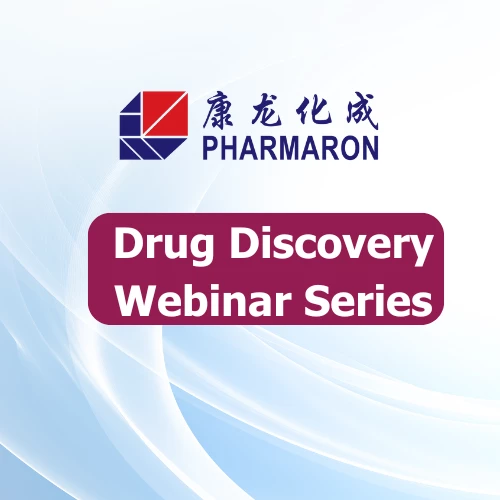 Pharmaron IDD Webinar Series banner with a blue abstract background and maroon text, focusing on innovative drug discovery topics.