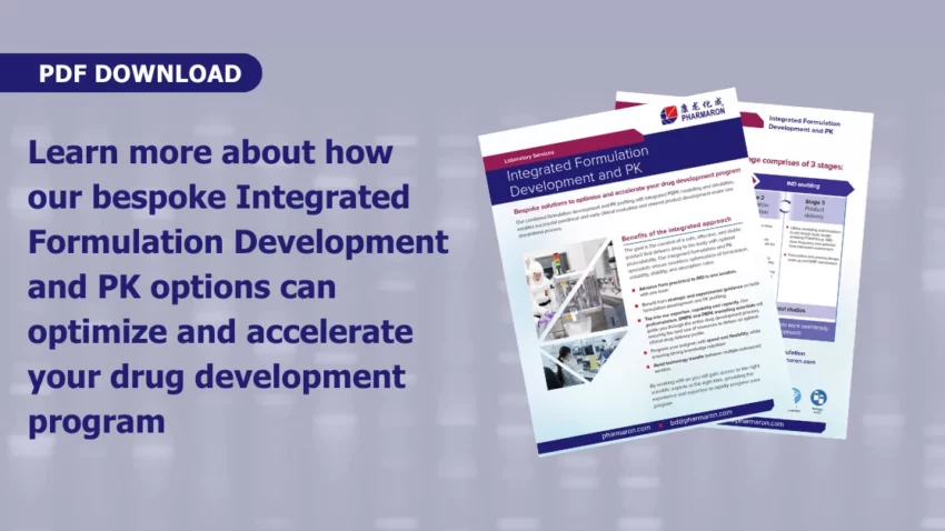 Promotional flyer for Pharmaron's Integrated Formulation Development and PK services, paired with text highlighting benefits for drug development programs.