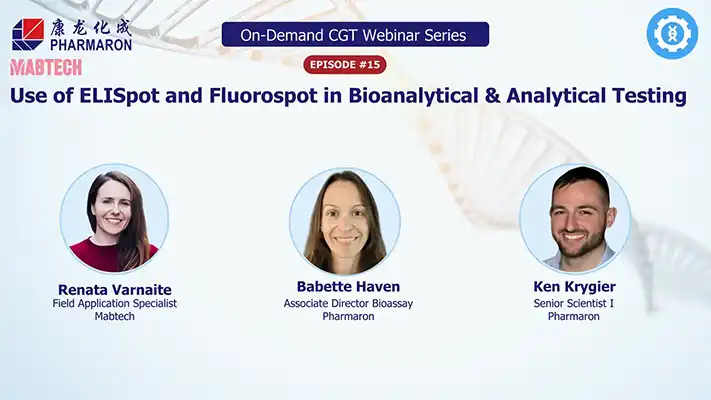 Webinar promotional graphic for "Use of ELISpot and Fluorospot in Bioanalytical & Analytical Testing," featuring speakers from Pharmaron and Mabtech.