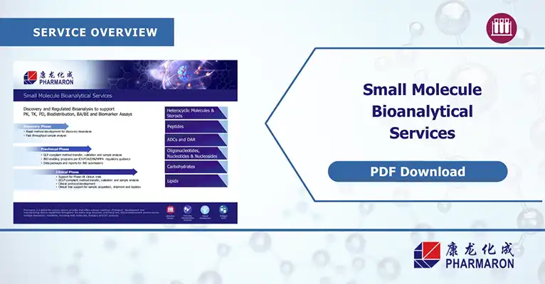 Service overview flyer showcasing Pharmaron's small molecule bioanalysis services, including PK, TK, and biomarker assays, with a "PDF Download" button.