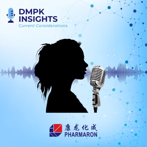 A promotional graphic for "DMPK Insights: Current Considerations" by Pharmaron, featuring a silhouette of a woman speaking into a vintage microphone with sound waves.