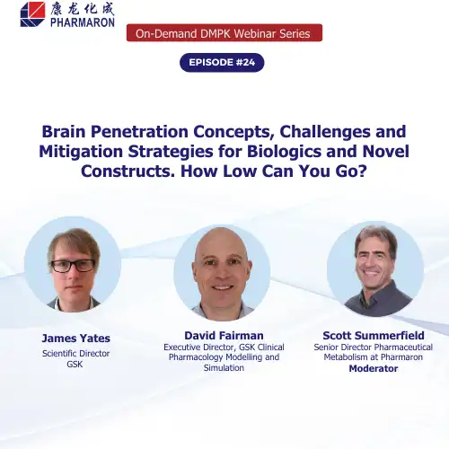 Brain Penetration Concepts, Challenges, and Mitigation Strategies webinar featuring James Yates, David Fairman, and Scott Summerfield, with Pharmaron branding.
